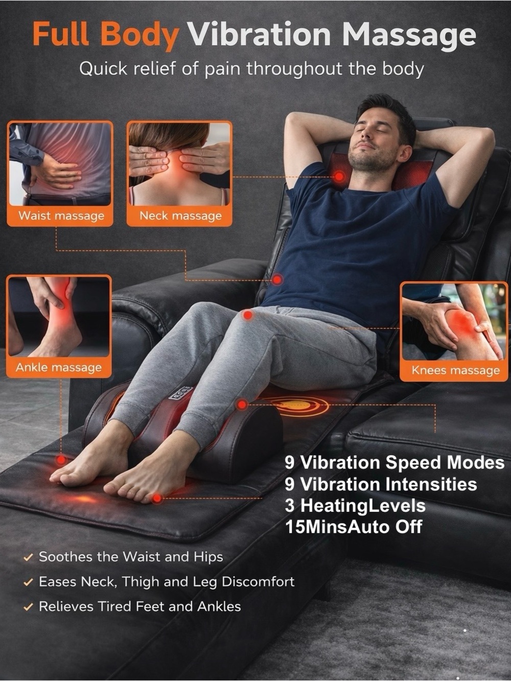 Full Body Vibration Massage Cushion - Black